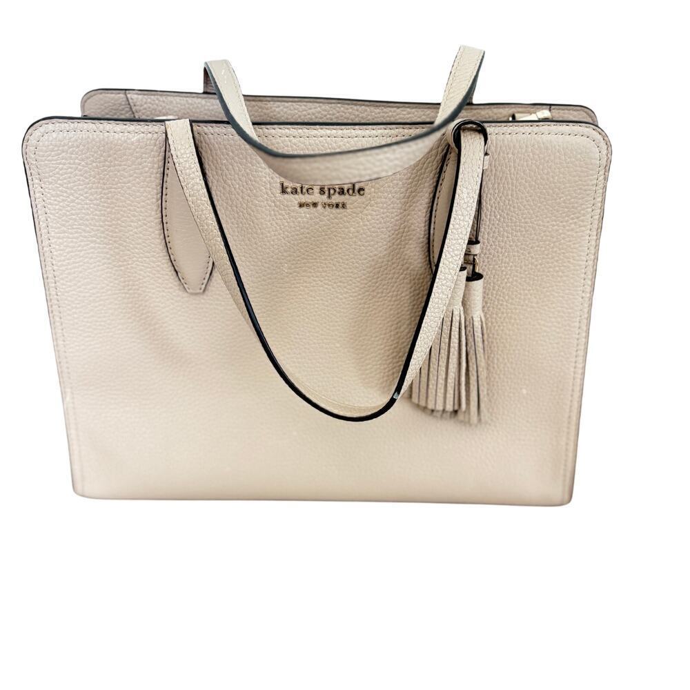 Kate Spade New York Pebbled Leather Tassel Tote Bag Beige Neutral Work Satchel